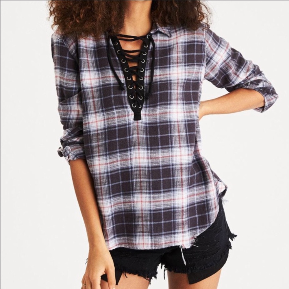 American Eagle Oversized Flannel Tie Up Shirt